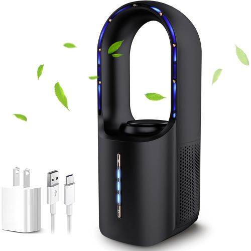 Size 11.8 Color Black Bladeless Desk Fan, 11.8 Inch Office Fan Small Quiet, Desktop Fans with 3 Wind Speed, LED Light, Silent Desk Fan Ideal for Bedroom, Office, Living Room(No Battery)