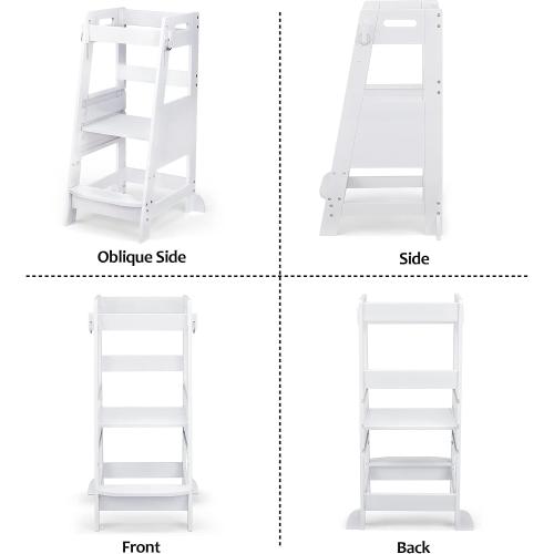 TOETOL Bamboo Toddler Kitchen Step Stool White Helper Standing Tower Height Adjustable with Anti-Slip Protection for Kids Kitchen Counter Learning