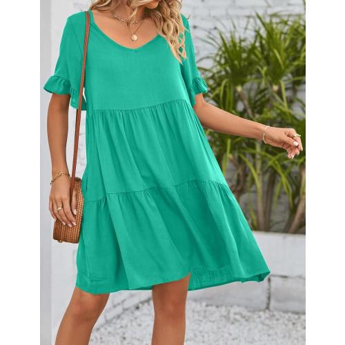 Size XXL AHAIJ Womens 2023 Summer Casual V Neck Babydoll Dress Short Sleeve Tiered Ruffle Pockets Plain Flowy Swing Mini Dress