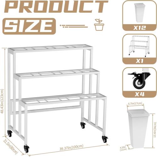 Flower Display Stand with 12 Buckets, 3 Layers Flower Bar, White Metal Plant Stand with Wheels, Heavy Duty Flower Cart for Indoor Outdoor Patio Garden Wedding Florist, White Metal Frame