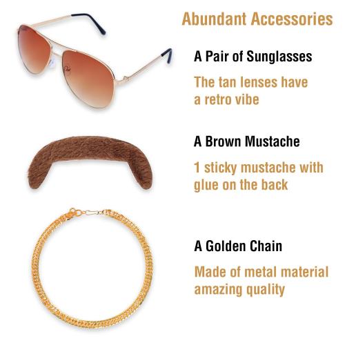 morvally 5pcs Set 70s 80s Disco Wig with Mustache Glasses and Chain | Short Brown Mens Mullet Wig for 60s Singer Rocker Hippies Costume Cosplay Halloween Party