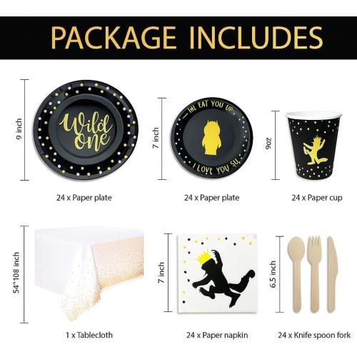 Set of 96 Wild One Birthday Decorations | 96 Pieces - 4-in-1 Wild One Party Supplies | First Birthdays Plates | Wild One Napkins| Disposable Cups/Glasses |First Birthday Decorations | Wild one Table Cloth