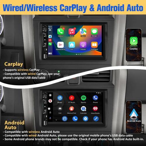 Pyniro Universal Double Din Car Stereo with Wireless CarPlay & Android Auto, 7 HD Touch Screen Head Unit with Backup Camera/External Microphone, Car Radio Supports Bluetooth/SWC/FM/USB/RGB