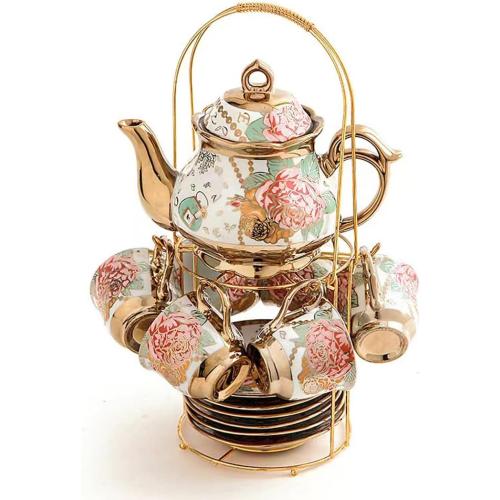 CHANJOON Gold Plated Red Rose Ceramic Tea Set, Vintage Teapot, Beautiful Tea Set Coffee Serving 6 People (Golden, large)
