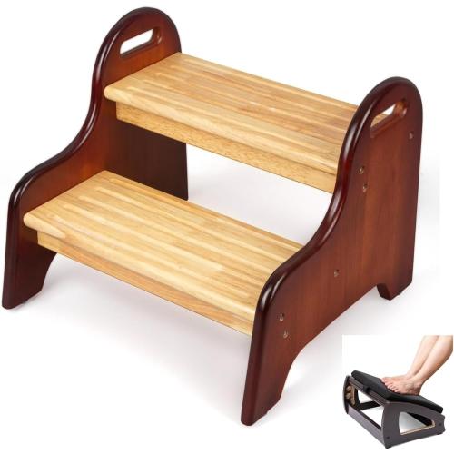 StrongTek Foot Rest & Kids 2-Step Stool Set, 4-Angle Adjustable Under-Desk Footrest   Rubber Wood Step Stool with Handles, Non-Slip Support for Office, Bathroom & Kitchen