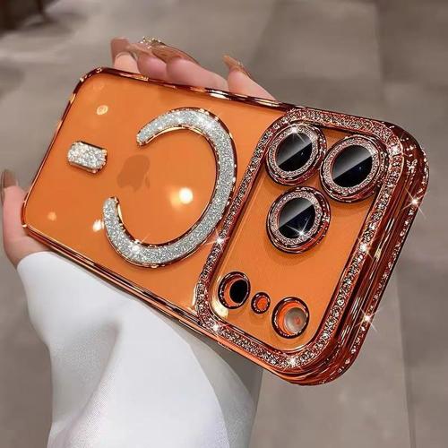 QSIETSPY Magnetic Case for iPhone 17 Pro Max 6.9[Compatible with MagSafe] with Sparkle Diamond Camera Protection Shockproof Clear Cute Glitter Bling Phone Case for iPhone 17 ProMax,Orange