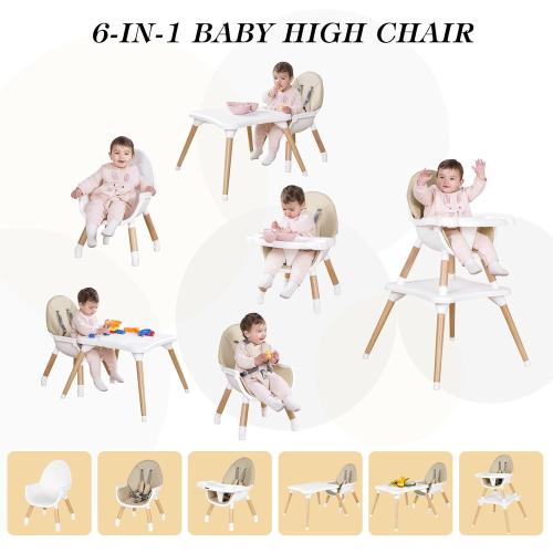 Beige 6 in 1 High Chair for Babies & Toddlers, Convertible Wooden Baby Highchair, Table and Chair Set, Baby Feeding Chair, 5-Point Adjustable Harness/4-Position Removable Tray& PU Seat Cushion