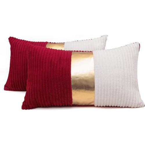 Red and Cream White Boho Striped Corduroy Throw Pillow Covers with Pink Leather Patchwork 12x20 Inch, Pack of 2, Double-Sided, Soft Home Decorative Pillows for Couch and Living Room