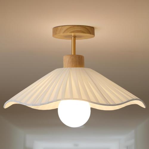 Flower Ceiling Light for Hallway,Semi Flush Mount Ceiling Light with Fabric Shade,Modern Ceiling Light Fixture with Wooden Base for Bedroom, Porch, Entryway(15.7 Inch)