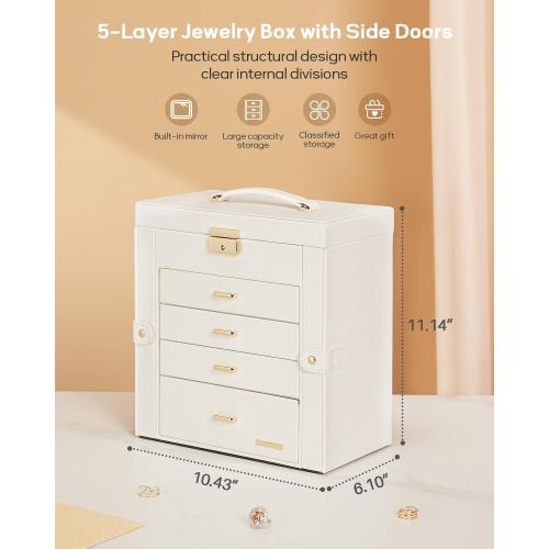 Homde Synthetic Leather Huge Jewelry Box Mirrored Watch Organizer Necklace Ring Earring Storage Lockable Gift Case (White   Gold)