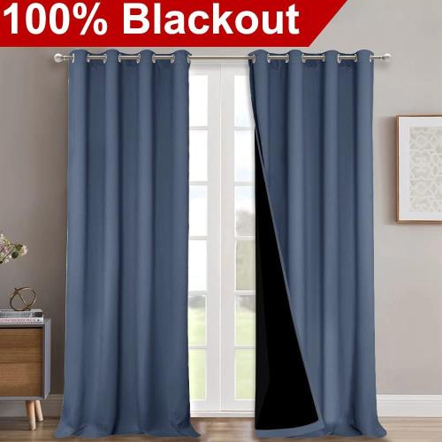 NICETOWN Full Shading Curtains 90 inches Long 2 Panels Set for Windows, Super Heavy-Duty Black Lined Blackout Curtains for Bedroom, Privacy Assured Window Treatment (Stone Blue, 52 inches W)