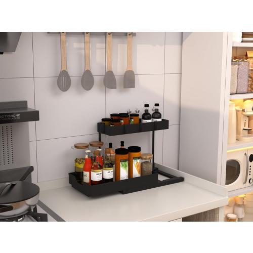 NATURE'S SOURCE 2 Pack Under Sink Organizer 2 Tier Sliding Cabinet Organizers Multi-Purpose Sink Storage Basket L-Shape Narrow Space Storage Shelves with 4 Hook for Kitchen Bathroom Drawer, Black