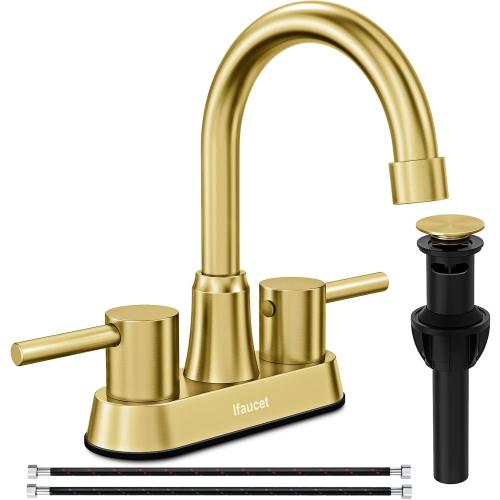 Gold Bathroom Faucet, Brushed Gold Bathroom Faucet, Gold Faucets for Bathroom Vanity, 4 Inch 2 Handle Centerset, Lead-Free, with Copper Pop Up Drain (Brushed Gold)