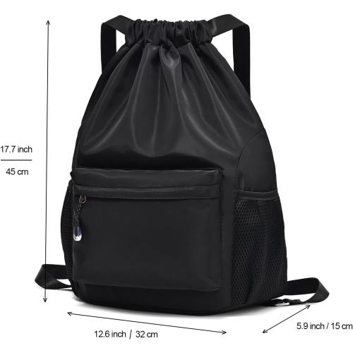 LOKAPEGY Black Drawstring Backpack for Women, Waterproof Drawstring Gym Bag for Men, Cinch Sack for Basketball, Pull String Sport Bag for Soccer.