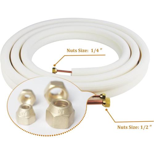 White 16 Ft Mini Split Line Set,Air Conditioning Copper Tubing Pipe Extension,1/4 & 1/2 3/8 PE Thickened for AC and Heating Equipment Insulated with Nuts. (1/4 1/2)
