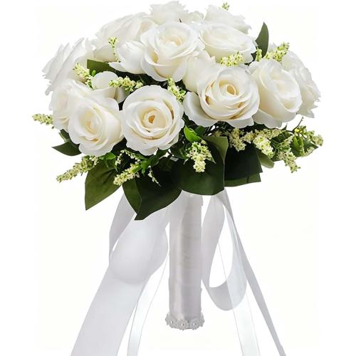 CYANLUX Wedding Bouquets for Bride Bridesmaid Bouquet Champagne White Artificial Roses Flowers for Wedding Valentine's Day Church Home Decoration (1#White)…