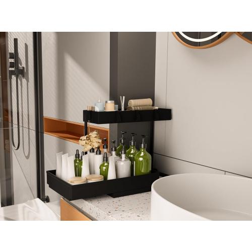 NATURE'S SOURCE 2 Pack Under Sink Organizer 2 Tier Sliding Cabinet Organizers Multi-Purpose Sink Storage Basket L-Shape Narrow Space Storage Shelves with 4 Hook for Kitchen Bathroom Drawer, Black