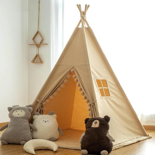 Teepee for Kids Tent Indoor with Floor Mat,Carry Bag,Banner,Play Cottage with Star Light, Cotton Canvas Kids Teepee Tent for Girls & Boys, Pompom Ball Design, Foldable Teepee Tent