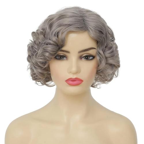 Grey Short Curly Wig for Women Finger Wave Wigs Natural Heat Resistant Synthetic Hair for Daily Costume Party Halloween Wig