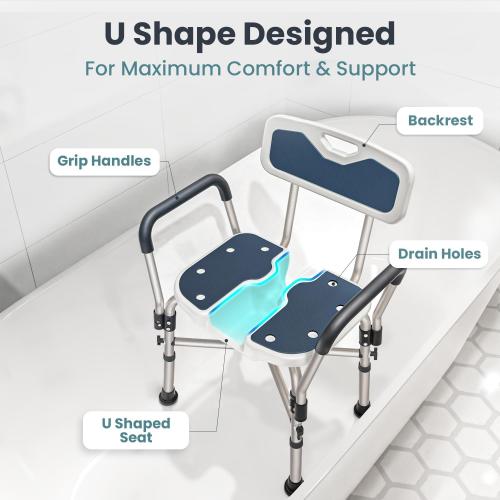 Shower Chair U-Shape Seat (450lb) Heavy Duty - Padded Armrests and Back, Shower Chairs for Elderly and Disabled, Handicap, Shower Chair for Inside Shower, Adjustable Height - Blue