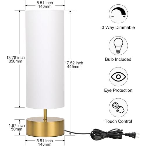 3-Way Dimmable Table Lamp, Touch Control Nightstand Lamp with White Lampshade, Gold Modern Bedside Touch Lamp Simple Side Table Lamp Night Light for Bedroom Living Room Kitchen, LED Bulb Included