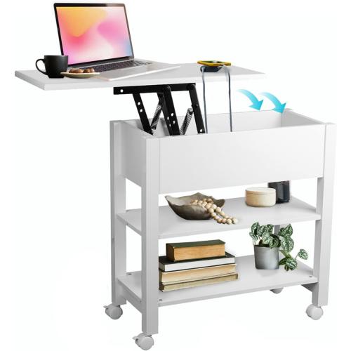 Lift Top End Table, Printer or Laptop Desk w/Hidden Storage & 2 Compartments, MDF Side Stand with Smooth Gliding Wheels for Living Room, Office, Dining, Hallway, Bedroom & Reception - White
