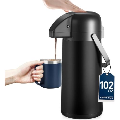 Coffee Carafe for Keeping Hot - 102OZ / 3L Airpot Coffee Dispenser with Pump - Large Coffee Thermos for Hot Drinks Tea Liquid - Insulated Stainless Steel Hot Water Beverage Dispenser for Parties,Black