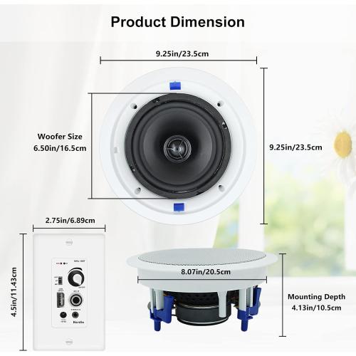 Herdio 6.5 Inch Bluetooth Ceiling Speakers 320W 2-Way Flush Mount in Wall Amplifier Receiver Suitable for Home Theater Bathroom Living Room Kitchen Office (White, Pair)