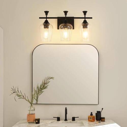 Bathroom Light Fixtures (3-Light, 19 Inch), Matte Black Vanity Lights for Bathroom with Clear Wine Glass Glass Shade, Modern Vanity Wall Lights for Mirror Bedroom Living Room Kitchen Hallway Porch