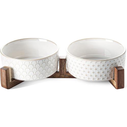 Dog Bowls Ceramic for Small Medium Dogs - 3-Cup Dual Food & Water Bowl Set with Acacia Wood Stand, Non-Slip Anti-Tip Elevated Design