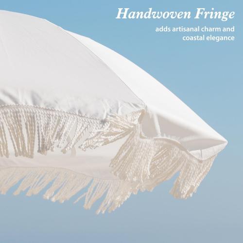 AMMSUN Boho Fringe Umbrella Outdoor Patio, 6.5ft UPF50  Picnic Umbrella with Tassels with Steel Pole and Push Button Tilt, Antique White