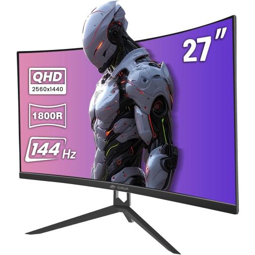 CRUA 27 Curved Gaming Monitor, QHD(2560x1440P) 144Hz/165Hz 99% sRGB Professional Computer Monitors, Support AMD FreeSync, Wall Mountable Installs(HDMI, DP)-Black