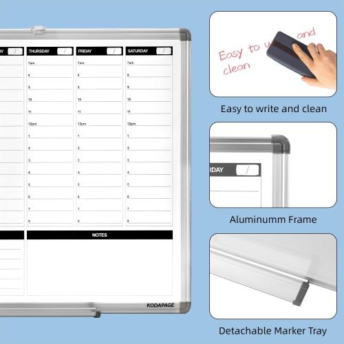 Large Weekly Dry Erase Board, Weekly Planner whiteboard with Hourly time Slots, Whiteboard Weekly Calendar for Schedule for Wall 36 X 24 Double-Sided for Office, Home and School