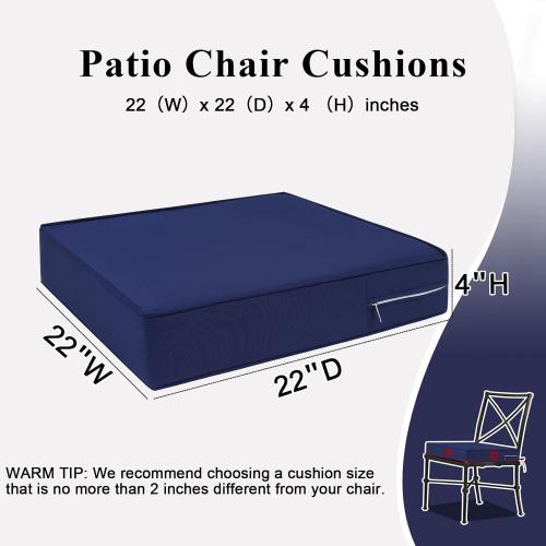 Outdoor Chair Cushions Set of 2 for Patio Furniture 22x22x4 Inch Waterproof Patio Chair Cushion 3 Year Color Fastness Square Elastic Foam Garden Sofa Couch Pads with Ties and Handle,Blue