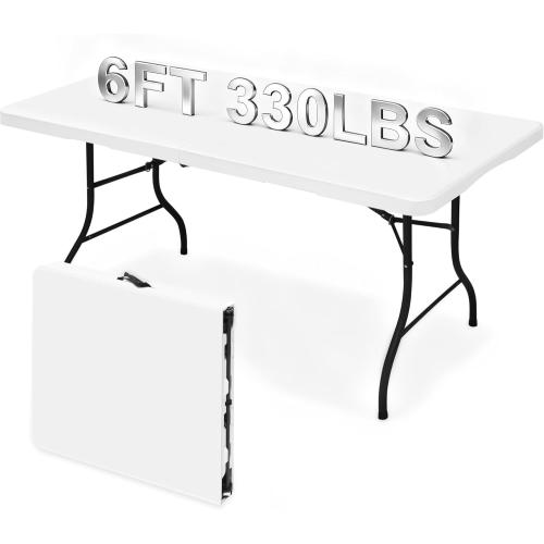 Heavy Duty 6ft Folding Table, Portable Fold-in-Half 6 Foot Foldable Table, Table of Utility Dining Indoor Outdoor with Carrying Handle for Camping Picnic and Party, White
