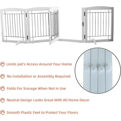 ZJSF White Freestanding Foldable Dog Gate with Door Walk-Through, 4 Panels Tall, 32-Inch H, Iron, Latch