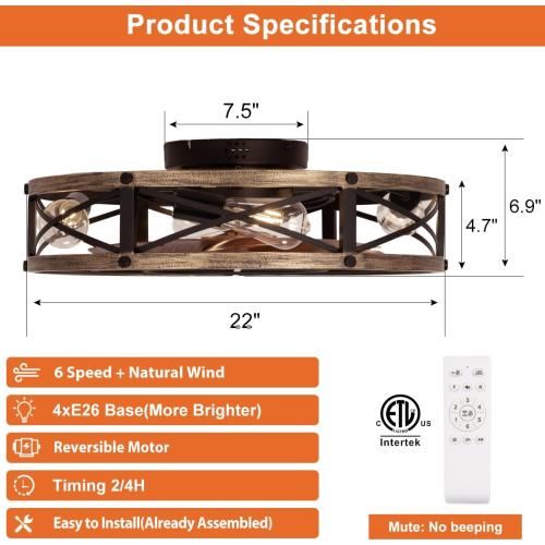 SHLUCE 22 Farmhouse Ceiling Fan with Light, Rustic Caged Bladeless Low Profile Ceiling Fans with Lights and Remote, Modern Flush Mount Ceiling Fans with Lights for Bedroom, Living Room - ETL
