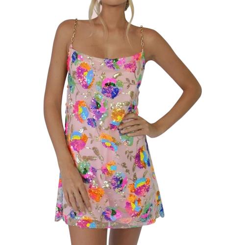 SizeM...Women's Sequin Dress Sexy Sparkly Floral Summer Backless Deep V Low-Cut Shiny Strap Mini Dress for Party Cocktail Clubwear