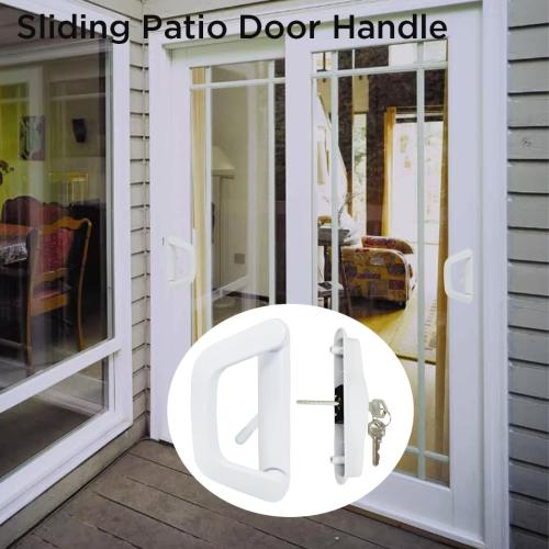 Sliding Patio Door Handle with Mortise Lock and keys, Key Cylinder and Keeper, 4-15/16 Hole Spacing, Reversible Design(Non-Handed), 4 15/16 Glass Door Replacement Handle Lock, Need to Drill (White)