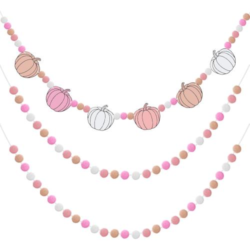 Breling 3 Pcs 10 ft Fall Felt Ball Garlands Pink Pumpkin Felt Pom Pom Banner Autumn Pumpkin Garland Decorations Festive Harvest Hanging Decorations for Fall Thanksgiving Home Wall Mantle Hanging Decor