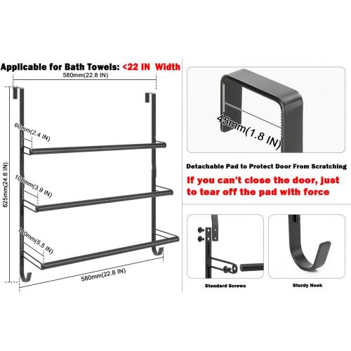 Livabber 3-Tier Over The Door Towel Rack, All Metal Towel Rack with Hooks for Door Hanging, Behind Door Towel Bar Towel Storage Holder for Bathroom Accessories, Black (22.8 L x 5.9 W x 24.4 H)