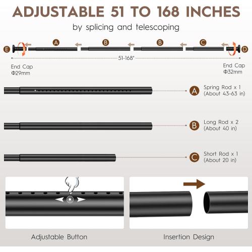 Tension Curtain Rod 51-168In (4.25-14Ft), Extra Long Outdoor Curtain Rod No Drilling for Window Patio, Adjustable Heavy Duty Curtain Rod Room Divider,Tension Rod Diameter 1.26 Never Rust,Black