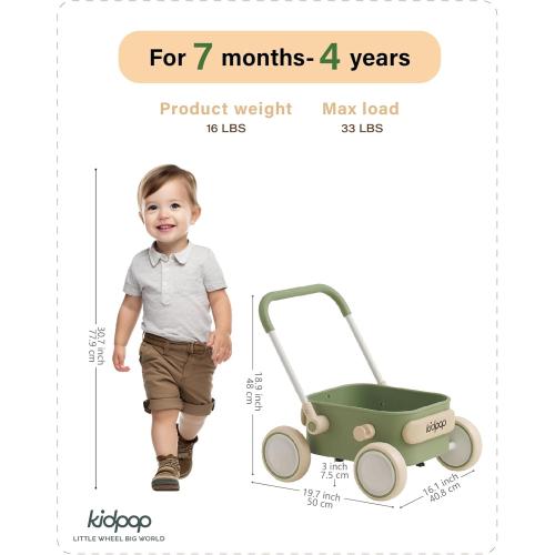 PULA Baby Push Walker with Wheels Toddler Wagon for First Learner Baby Toys 6-12 Months, 1 Year Old Birthday Gifts, Indoors and Outdoors (Green)
