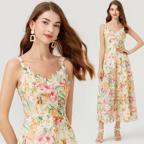 Size M Womens French Vintage Stereoscopic Floral Lace Dress V Neck Sleeveless Hollow Out Embroidery Midi Dresses