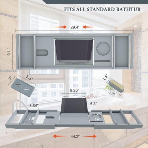 Bath Caddy Tray for Bathtub - Bamboo Adjustable Organizer Tray for Bathroom with Soap Dish Suitable for Luxury Spa or Reading(Bluish Grey)