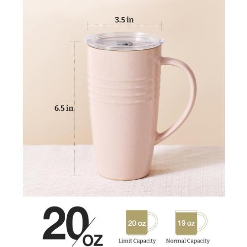 famiware Jupiter Large Coffee Mug, 20oz Coffee Mug with Lid, Ceramic Cup with Handle for Latte, Tea, Cocoa, Milk, Home & Office, Microwave and Dishwasher Safe, Light Pink