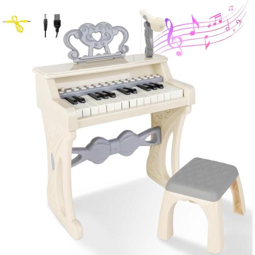 deAO Toddler Piano for Kids 3-6 Years - 25 Key Baby Piano Musical Toy with Stool & Microphone-Educational Toys Birthday Christmas Girls Gifts (White)
