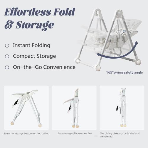 5 in 1 Baby High Chair Swings for Infants Soothes to Sleep Reclining Foldable Rocking 8 Level Height Adjustment Eco Friendly Washable PU Cushion Baby Feeding Chair(White)