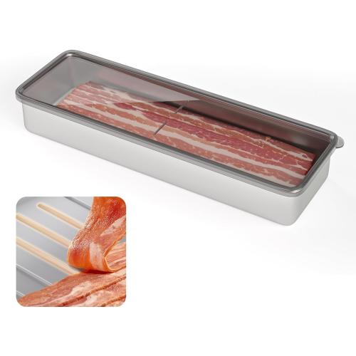 Freshmage Bacon Container for Refrigerator, 1 Pack 304 Stainless Steel Airtight Deli Meat Storage Container for Fridge Dishwasher Safe Long Kitchen Food Storage Containers with Lids with Elevated Base