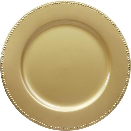 Set of 12 Gold Charger Plates with Beaded. 13 Reusable Plastic Table Chargers for Dinner Plates